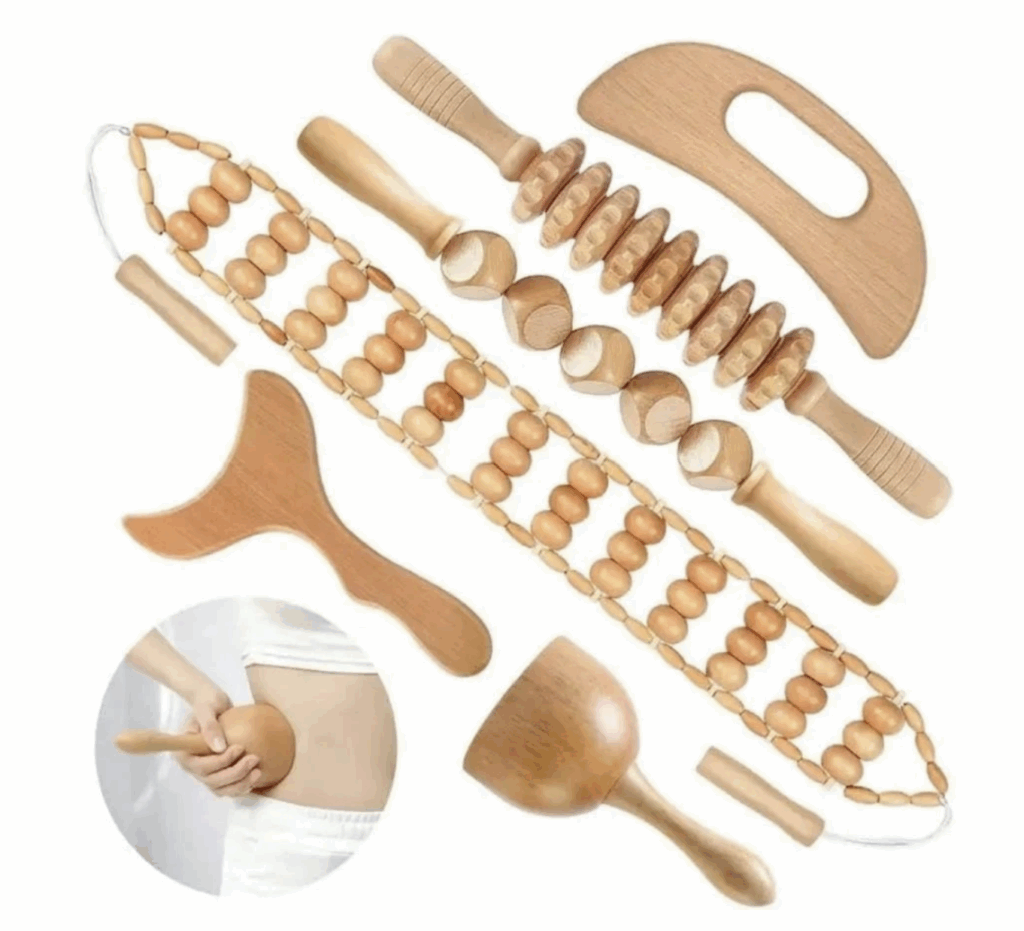 Instruments en bois utilisés en madérothérapie pour stimuler la circulation sanguine et lymphatique et tonifier les tissus naturellement